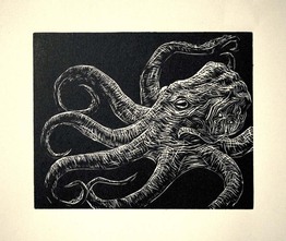 Wood engraving print of an octopus